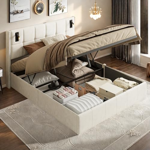 DIYHOM Polsterbett 160x200 cm, Kopfteil mit 2 Lampe und USB-Aufladung, Doppelbett mit Stauraum und Lattenrost, Hydraulisch Stauraumbett, Samt, Beige von DIYHOM