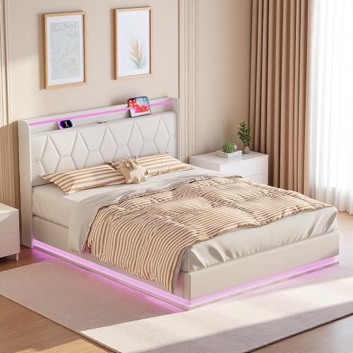 DIYHOM Polsterbett 160x200 cm mit LED-Beleuchtung, Hydraulikbett Funktionsbett Stauraumbett, Kopfteil mit Rautenmuster, ohne Matratze, Samt, Beige von DIYHOM