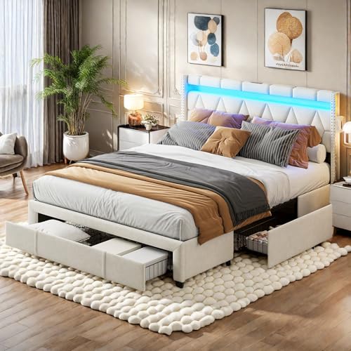 DIYHOM Polsterbett 160x200 cm mit LED-Beleuchtung und 4 Schubladen, Doppelbett Stauraumbett, Kopfteil mit USB-Ladeanschlüssen, ohne Matratze, Leinen, Beige von DIYHOM