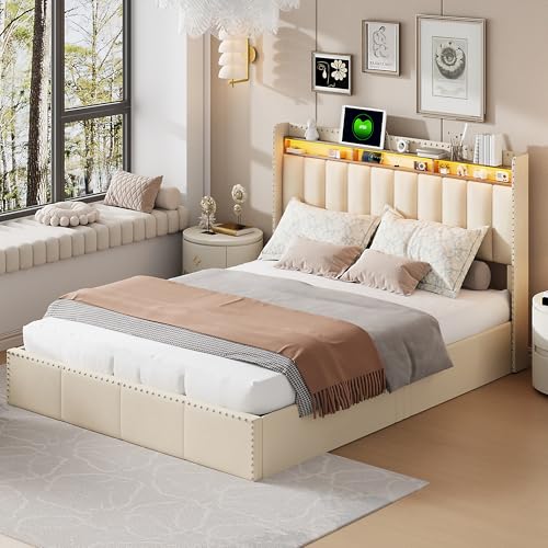 DIYHOM Polsterbett 160x200 mit LED Beleuchtung, Stauraumbett Hydraulisches Bett, Bettgestell mit Lattenrost,Jugendbett, Samt, Ohne Matratze, Beige von DIYHOM