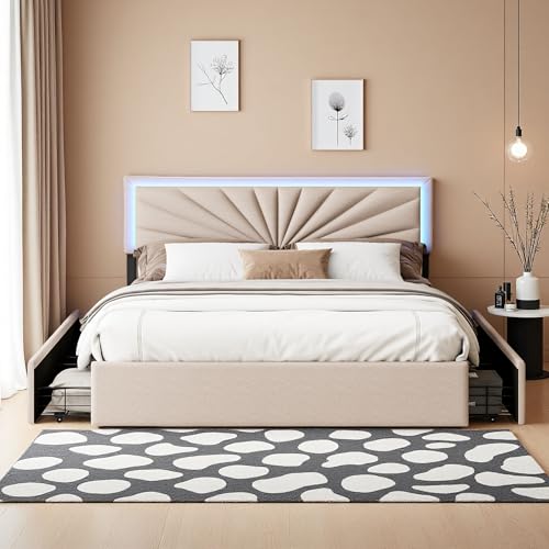 DIYHOM Polsterbett 160x200cm mit 4 Schubladen und LED-Beleuchtung, Bett mit Stauraum, Doppelbett mit Höhenverstellbares Kopfteil, Leinenstoff, Beige von DIYHOM