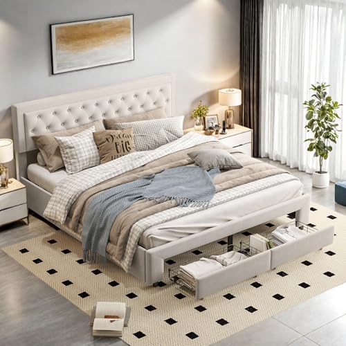 DIYHOM Polsterbett Doppelbett 180x200 cm mit 2 Schubladen, Hydraulisch Bett Stauraumbett Bettgestell mit Lattenrost, Samt, Ohne Matratze, Beige von DIYHOM