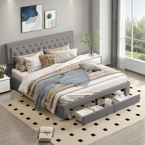 DIYHOM Polsterbett Doppelbett 180x200 cm mit 2 Schubladen, Hydraulisch Bett Stauraumbett Bettgestell mit Lattenrost, Samt, Ohne Matratze, Grau von DIYHOM