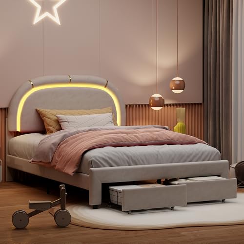 DIYHOM Polsterbett Einzelbett 140x200 cm mit 2 Schublade, Höhenverstellbares Kopfteil, Bettgestell mit Lattenrost, Samtstoff, Kinderbett Mädchenbett, Beige von DIYHOM