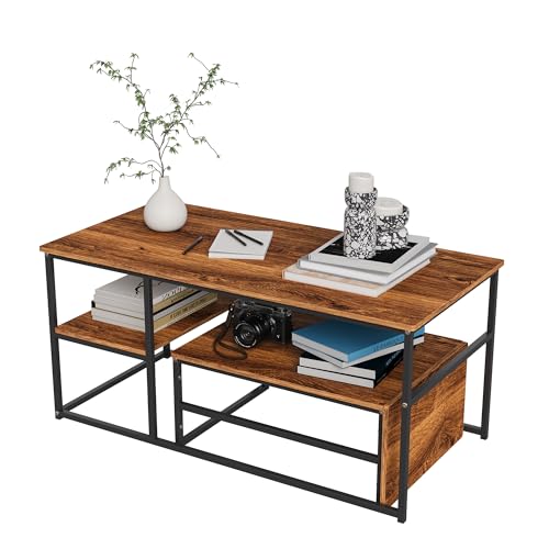 DIYHOM Rechteck Couchtisch 2er Set, Moderne Wohnzimmertisch mit Holzmaserung, Metallrahmen Satztische Sofatisch Kaffeetisch, für Wohnzimmer, Balkon und Büro,Braun & Schwarz DIYHOM Rechteck Couchtisch 2er Set, Moderne Wohnzimmertisch mit Holzmaserung, Metallrahmen Satztische Sofatisch Kaffeetisch, für Wohnzimmer, Balkon und Büro,Braun & Schwarz von DIYHOM