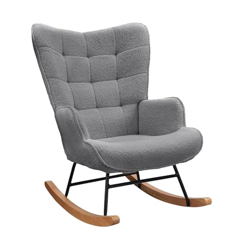 DIYHOM Schaukelstuhl Sessel, Teddystoff Gepolsterter Stillsessel Relaxstuhl für Wohnzimmer, Schlafzimmer, Schaukelsessel bis 130 kg belastbarkeit, Dunkelgrau 75 x 68 x 92 cm von DIYHOM