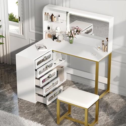 DIYHOM Schminktisch mit LED-Beleuchtung Spiegel, Frisiertisch mit 5 Schubladen Offenen Regalen, L-Form Frisiertisch Holz mit Hocker, Weiß DIYHOM Schminktisch mit LED-Beleuchtung Spiegel, Frisiertisch mit 5 Schubladen Offenen Regalen, L-Form Frisiertisch Holz mit Hocker, Weiß von DIYHOM