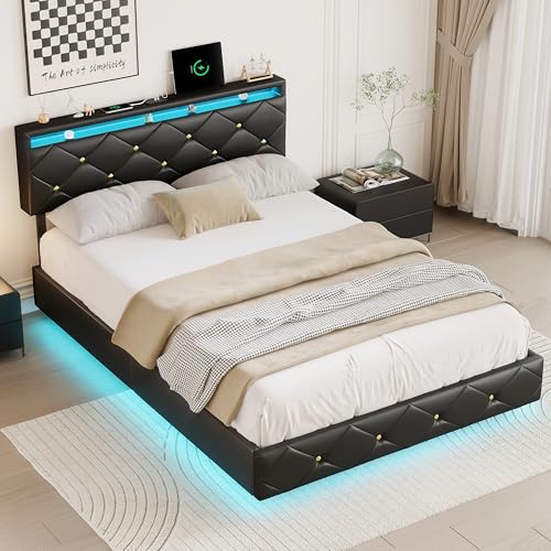 DIYHOM Schwebebett mit LED-Beleuchtung, Polsterbett 140x200 cm, Höhenverstellbar Gepolstertes Kopfteil mit Ladestation, Modern Hydraulisches Doppelbett, PU, Schwarz von DIYHOM