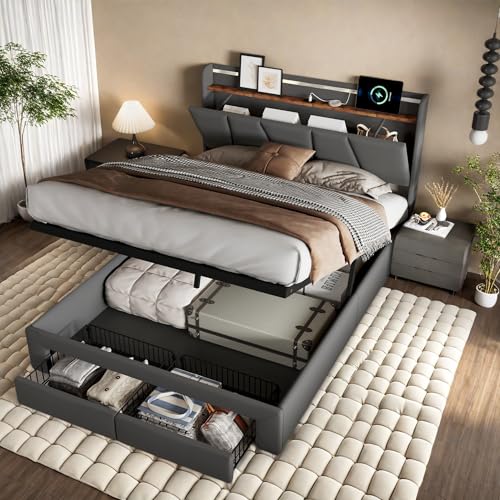 DIYHOM Stauraumbett 140x190cm mit LED-Beleuchtung, Polsterbett Hydraulikbett mit 2 Schubladen, Kopfteil mit USB-Ladefunktion, Jugendbett Funktionsbett, ohne Matratze, Leinen, Dunkelgrau von DIYHOM
