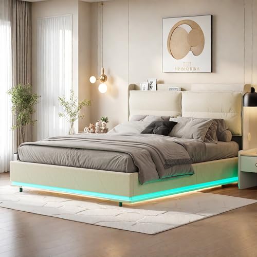 DIYHOM Stauraumbett Polsterbett 140x200cm mit LED-Beleuchtung, Gepolstertes Kopfteil mit USB- und Typ-C-Ladeanschlüssen, Hydraulisches Funktionsbett, ohne Matratze, Samt, Beige von DIYHOM