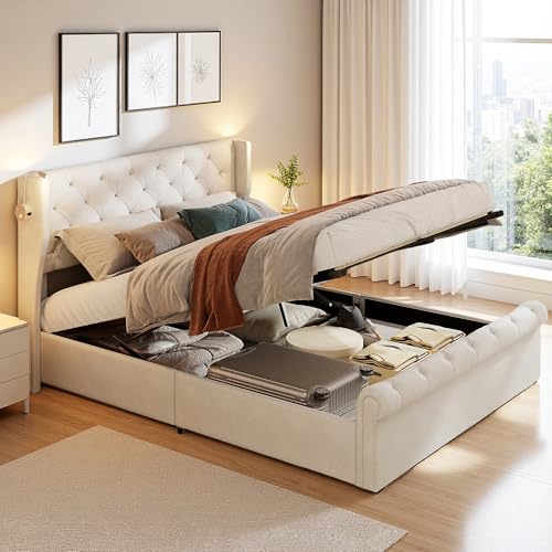 DIYHOM Stauraumbett Polsterbett 160x200cm mit Leselicht und USB Ladefunktion, Klassiker Hydraulikbett Erwachsenenbett, Samt, Beige, Ohne Matratze von DIYHOM