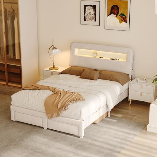 DIYHOM Weiß Polsterbett 160x200cm mit 2 Schubladen und LED-Beleuchtung, Doppelbett Jugendbett Stauraumbett, Kopfteil mit Stauraum, Samt, Ohne Matratze von DIYHOM
