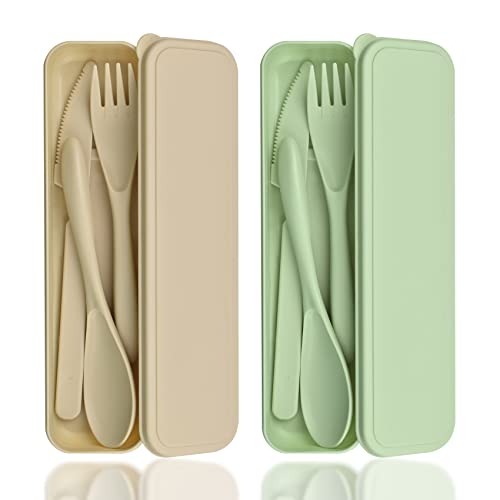 Besteck-Set mit Etui, 2 Reisebesteck Camping Besteck set, Tragbares Kunststoff-Besteck Utensilien-Set, Wiederverwendbares Kunststoff Besteckset Campingbesteck-Set für Picknick (Grün, Beige) von DIYJEP