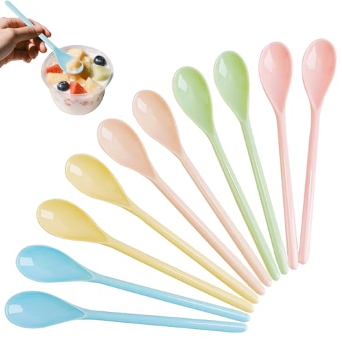 DIYJEP 10 Stück Farbe Plastiklöffel, Lange Kunststoff Eierlöffel Wiederverwendbarer baby löffel, Anti-Fall Nachahmung Keramik Latte Macchiato Löffel Teelöffel Dessertlöffel für Kaffee Eis Joghurt von DIYJEP