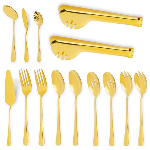 DIYJEP 14-Teiliges Gold Besteck Set, Edelstahl große Salatbesteck Suppenkelle Servierlöffel Tortenmesser Geschlitzte Löffel kuchengabeln Servierzange, küchenutensilien Set für Buffet Bankett Party von DIYJEP