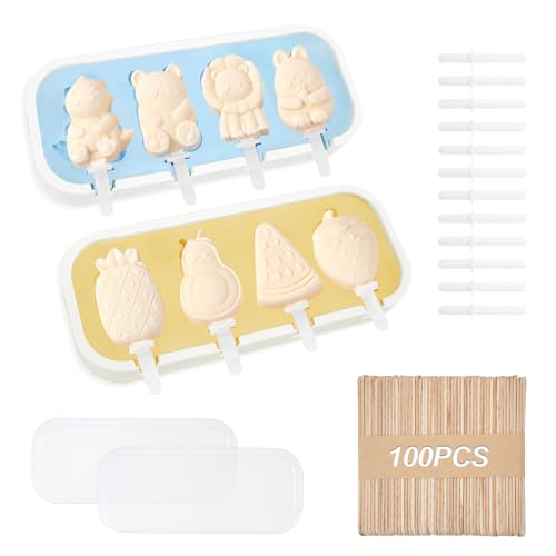 DIYJEP 2 Stück 4 Cavity Eisformen Eis am Stiel mit 100 Stück Holzeisstiele, Silikon Lebensmittelqualität BPA Frei Cake Pop Maker,Mini Niedliche Tier und Obst Form Popsicle für Kinder DIY Kreativität von DIYJEP