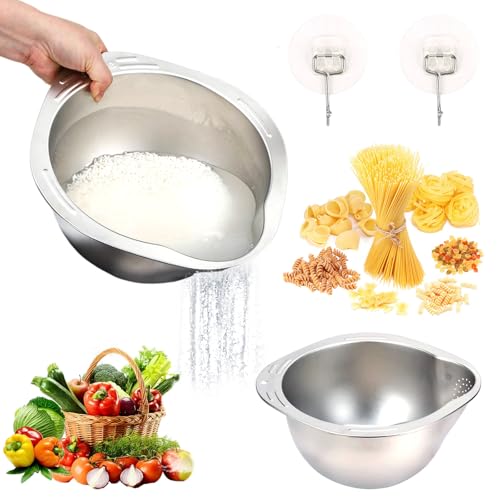 DIYJEP 2 Stück Reis Waschschüssel aus Edelstahl und 2 Haken, Nudelsieb Küchensieb mit Ausgießer, Lebensmittelechtes Reis Sieb Küche zum Waschen & Abtropfen von Quinoa, Obst, Gemüse, Getreide (Silber) DIYJEP 2 Stück Reis Waschschüssel aus Edelstahl und 2 Haken, Nudelsieb Küchensieb mit Ausgießer, Lebensmittelechtes Reis Sieb Küche zum Waschen & Abtropfen von Quinoa, Obst, Gemüse, Getreide (Silber) von DIYJEP