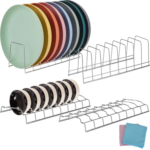 DIYJEP 4 Pack Abtropfgestell Geschirr mit 2 Pack saugfähige Tücher Set, Edelstahl Teller Organizer für Schrank, 8 Slots Großvolumiger Tellerhalter Vertikales für Topfdeckel Platten Schneidebretter von DIYJEP