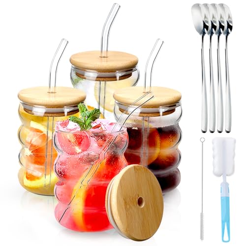 DIYJEP 4 Stück Trinkbecher mit Deckel und strohhalm Set, 350ml Eiskaffee Latte Macchiato Gläser, Cocktailgläser Longdrinkgläser mit Barlöffel Reinigungsbürste, Smoothie Becher für Tea Saft Soda von DIYJEP