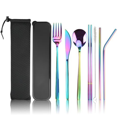 DIYJEP 9 Stück Reisebesteck Set, Edelstahl Besteckset mit Gabel LöFfel Messer Metallstrohhalme Reinigungsbürsten Etui Beutel, Tragbares Camping Besteck für Reisen Schule Arbeit Picknick (Regenbogen) von DIYJEP