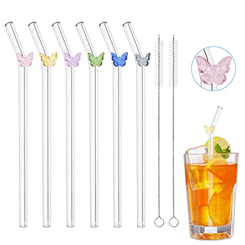 Strohhalme Glas,6 Stück Transparent Glasstrohhalme Lang,Schmetterling Glas Strohhalm Wiederverwendbar,Bruchfestes Glas-Strohhalm mit 2 Reinigungsbürsten,Gebogene Glass Straw für Säfte Smoothies von DIYJEP