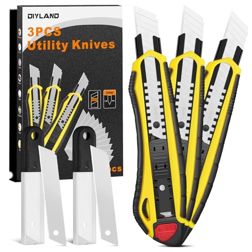 DIYLAND 3 Stück Cuttermesser Set Profi mit 20-teiligen Zusätzlichen Carbonstahl Klingen, Teppichmesser Profi, Mehrzweck Kattermesser Metall mit Gummigriff für Schneiden zum Papier, Karton von DIYLAND