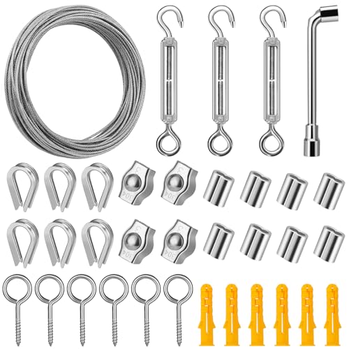 DIYLAND Drahtseil Edelstahl Set, 20M 2 mm Stahlseil PVC Ummantelt Rankhilfe Set Spanndraht Seilspanngarnitur für Rankhilfe,Gardinenseil,Wäscheleine,Lampenaufhängung von DIYLAND