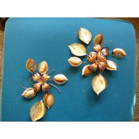 Vintage Kupfer Clematis Blume Mit Blätter Skulptur Wandkunst 2-Teiliges Set von DIYVintageTreasures