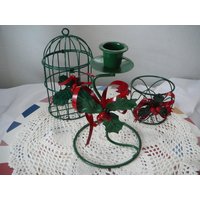 Weihnachts-Vogelkäfig-Set Mit Kerzenhalter Und Korb Weihnachtssternen Stechpalmen, 3-Teiliges Metall-Feiertags-Set, Weihnachtsdeko von DIYVintageTreasures