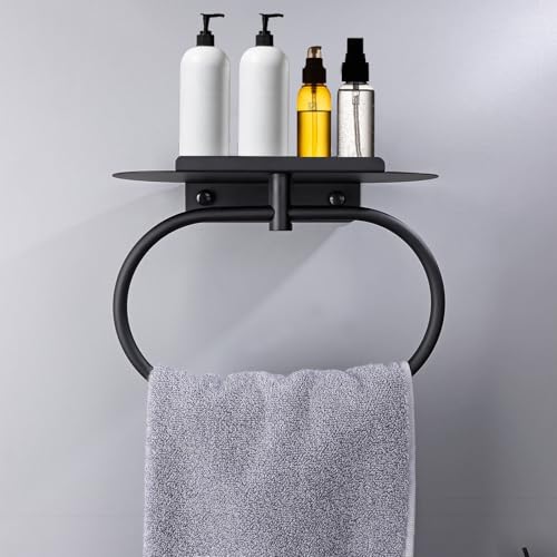 DIYZON Handtuchring mit Ablage, Montage mit Bohrloch Handtuchhalter, Selbstklebender Handtuchring für Badezimmer, Wandmontage Handtuchhalter für Badezimmer Küche (Schwarz) von DIYZON