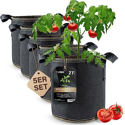 lohag® Premium Vliesstoff-Pflanzsack - 27 Liter, 5er Pack | Perfekt für Kräuter, Blumen, Gemüse & Zimmerpflanzen | Robuste, Wiederverwendbare Pflanzbeutel - Die Gesunde Alternative zum Blumentopf von DIYer