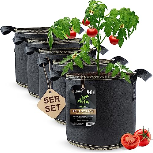 lohag® Premium Vliesstoff-Pflanzsack - 40 Liter, 5er Pack | Perfekt für Kräuter, Blumen, Gemüse & Zimmerpflanzen | Robuste, Wiederverwendbare Pflanzbeutel - Die Gesunde Alternative zum Blumentopf von DIYer