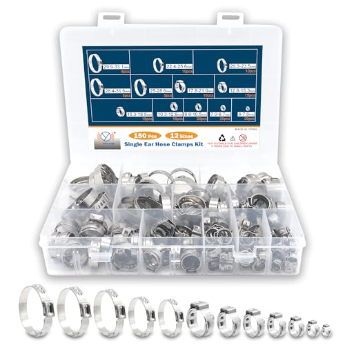 DIYoung 150 Stück 6-33.1 mm 304 Edelstahl Einohr-Schlauchschellen Sortiment Kit für Wasserleitungen, Sanitär und Automobil von DIYoung