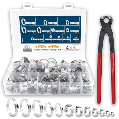 DIYoung 150 Stück Einohr-Schlauchschelle-Set 6–33,1 mm aus Edelstahl 304, Verstellbar mit Schellenzange – für Wasserleitungen, Sanitär und Kfz-Anwendungen (12 Größen + Zange) von DIYoung