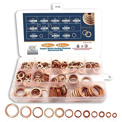 DIYoung 320pcs Kupferdichtringe Sortiment Flache Unterlegscheiben set Sicherungsscheiben Kupfer Geeignet für Automobile Schiffe Generatoren Maschinen und Geräte (M5-M20) von DIYoung