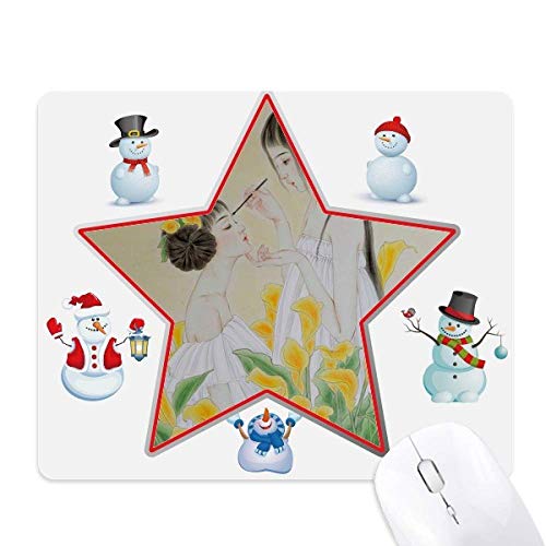 Beauty with Flower Chinese Watercolor Christmas Snowman Family Star Mouse Pad von DIYthinker