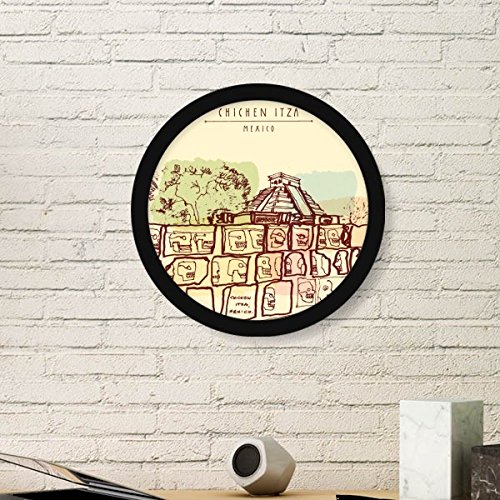 DIYthinker Chichen Itza Mexiko Antike Kultur Zeichnung Runde Bilderrahmen Kunstdrucke von Paintings Startseite Wandtattoo Geschenk Medium Schwarz von DIYthinker