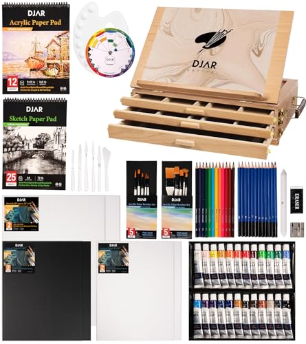 DJAR Acrylfarben-Set mit 3 Schubladen, Acrylfarbe, Skizzenbuch, Farben und Pads, Acryl-Kunstbedarf-Set für Erwachsene, Jugendliche und Anfänger, 79-teilig von DJAR