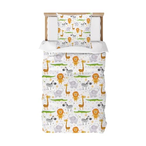 DJDEA Bettwäsche Kinder 135 x 200 cm Safari Tiere-Kinderbettwäsche Mikrofaser, Zoo Tiere Bettwäsche Set mit Reißverschluss und Kissenbezug-Set 80 x 80 cm von DJDEA