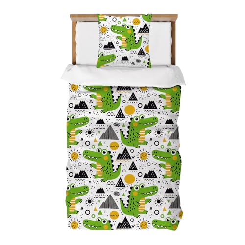 DJDEA Cartoon Bettwäsche 135 x 200 cm Kinder Weich Mikrofaser, Grüner Dinosaurier Motiv Bettwäsche-Sets mit Reißverschluss, mit Kinder Bettbezug und 1 Kissenbezug 80 X 80 cm von DJDEA