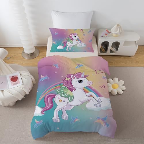 DJDEA Einhorn-Bettwäsche-Set für Kinderbett, 120 x 150 cm, Kleinkind-Bettwäsche-Set mit Regenbogen-Hintergrund für Mädchen, Kinder, Bettbezug-Set, Mikrofaser, passender Kissenbezug, 40 x 60 cm von DJDEA