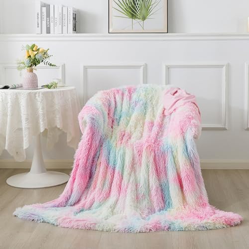 DJDEA Kuscheldecke Flauschig 130x160 cm, Komfort Kunstfell Decke, Weich Regenbogen Decke, Lang Plüsch Wolldecke, Sofadecke, Fleecedecke, Tagesdecke von DJDEA