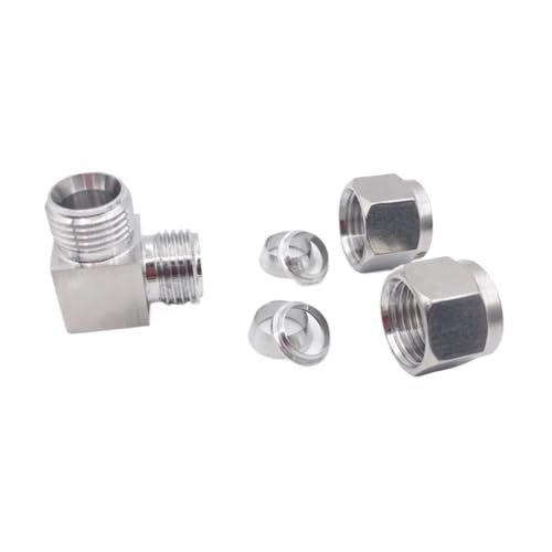 DJDLFA 90-Grad-Winkel, 1/8 Zoll, 1/4 Zoll, 3/8, 1/2 Zoll, 3/4/6/8/10/12/14/16/18/20/25 mm Außendurchmesser, Doppelhülse, Kompressionsverbinder, 304, Edelstahl (14 mm) von DJDLFA
