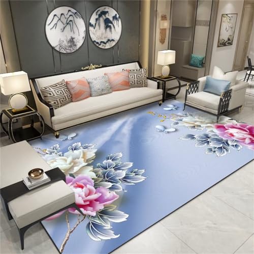 DJHWWD Auslegware Teppichboden 180X250Cm Bodenschutzmatte Teppich Schlafzimmer Teppiche Blau Maschinenwaschbarer Orientalischer Wohnzimmerteppich, Blumenmuster, Schlafzimmer, Dekorativer Teppich von DJHWWD