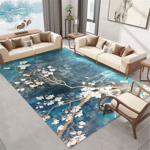 DJHWWD Balkonteppich blau Teppich Für Allergiker gebetsteppich Teppich Salon Blau Blumen Vintage Teppich Esszimmer Milbenbeständig 80X160CM läufer Schlafzimmer Rug von DJHWWD