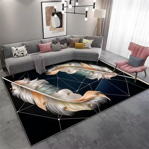 DJHWWD Fussmatte Innen Waschbar Teppich klein 140x200CM deko Schlafzimmer Teenager mädchen blau Schwarzer geometrischer Federteppich Kinderzimmer Junge fußmatte außen von DJHWWD