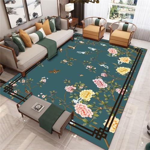 DJHWWD Hübscher Teppich Teppich Für Kinderzimmer Anti-Flecken-Teppich für orientalisches Wohnzimmer mit klassischen Blumen- und Vogelmustern 120x160CM Grün Teppich Ornament grosser Teppich von DJHWWD