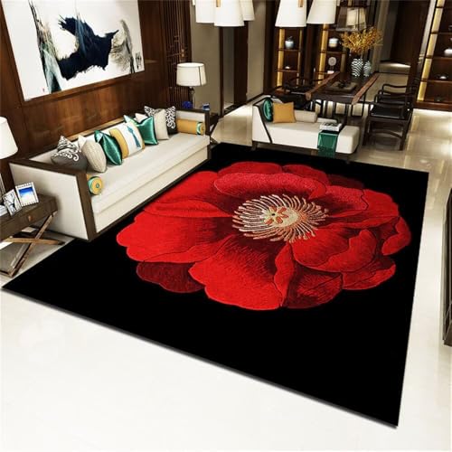 DJHWWD Kurzflor kuschelige teppiche Roter minimalistischer Blumenteppich 100x200CM schwarz Tatami Matte Kinderteppich Wald Schlafzimmer Nachttisch Teppich von DJHWWD
