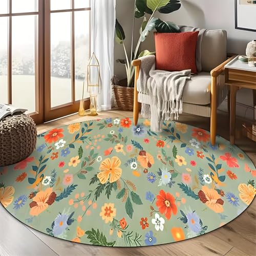 DJHWWD Teppich Flach Pflegeleicht Blumenmuster Grün für Eingangsbereich,Innen,Küchen 140X140cm von DJHWWD