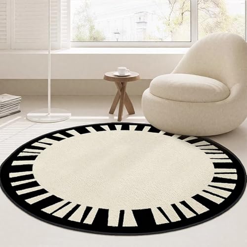 DJHWWD Teppich Flach Waschbare Beige Schwarz Rund für Esszimmer,Eingangsinnen,Küchen 140X140cm von DJHWWD